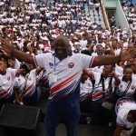Minister for Education and Training Owen Nxumalo joins teachers on the dance floor after delivering his speech during the Teachers’ Day celebrations at Mavuso Sports Centre.
