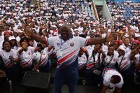 Minister for Education and Training Owen Nxumalo joins teachers on the dance floor after delivering his speech during the Teachers’ Day celebrations at Mavuso Sports Centre.