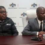 The Minister for Agriculture Mandla Tshawuka with the ministry Principal Secretary Sydney Simelane during the press conference.
