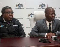 The Minister for Agriculture Mandla Tshawuka with the ministry Principal Secretary Sydney Simelane during the press conference.