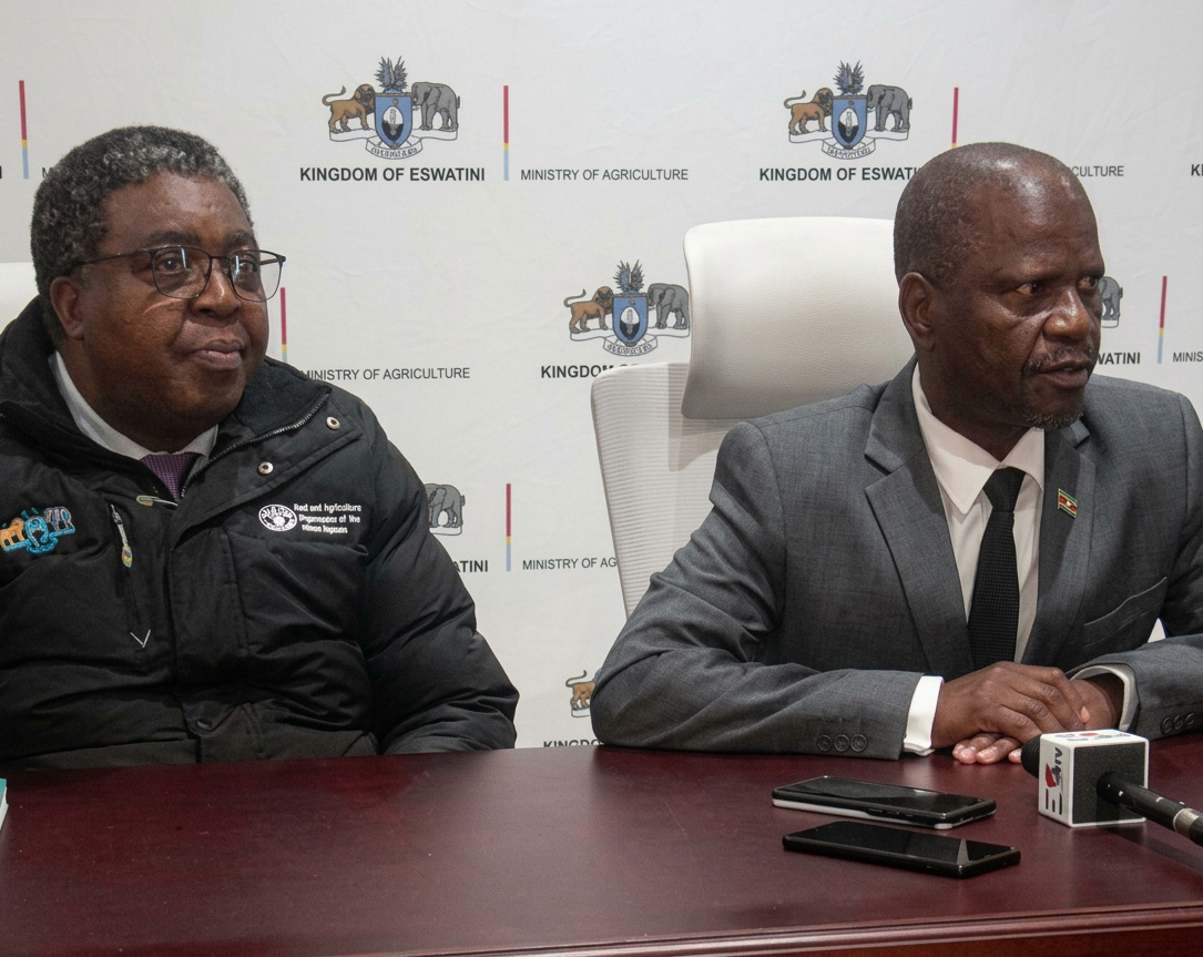 The Minister for Agriculture Mandla Tshawuka with the ministry Principal Secretary Sydney Simelane during the press conference.
