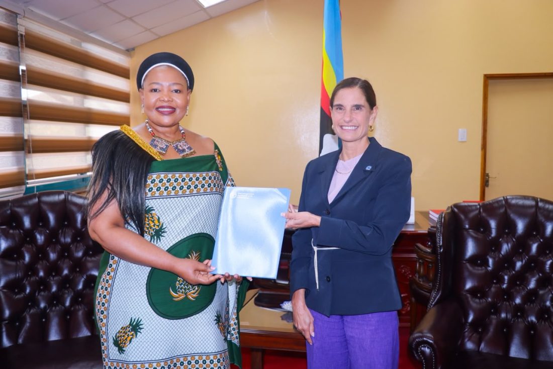 The Minister for Foreign Affairs and International Cooperation Pholile Shakantu receiving the credentials of the newly appointed FAO Representative to Eswatini Rosanne Marchesich. (Courtesy pic: Eswatini Government)