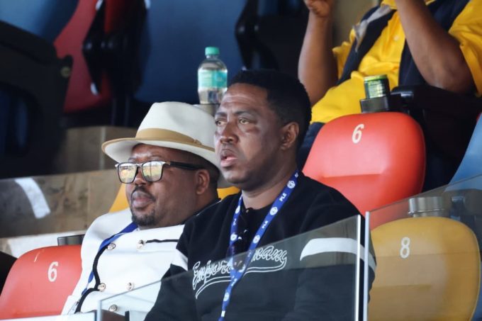 Chief Ally Kgomongwe (R) watches as his team suffered a 4-1 defeat to capital city giants Mbabane Highlanders AM.