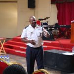 Nhlangano Station Commander Mandla Mndzebele addressing the Nhlangano Business Community at Bethesda Church in Nhlangano.