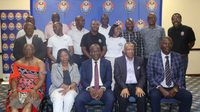 PLE Chairman Polycarp Dlamini (Seated L), RGI MD Puleng Magape, Minister Bongani Nzima, RGI Founder and Director Sol Motsepe and EFA President Peter Simelane as well as PLE BoGs after the launch. (Pic: Times of Eswatini)
