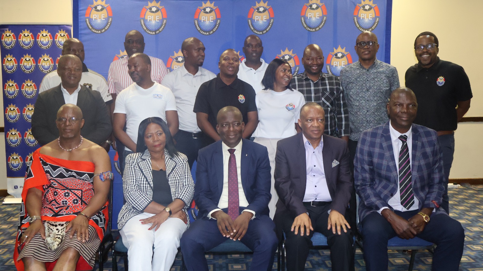 PLE Chairman Polycarp Dlamini (Seated L), RGI MD Puleng Magape, Minister Bongani Nzima, RGI Founder and Director Sol Motsepe and EFA President Peter Simelane as well as PLE BoGs after the launch. (Pic: Times of Eswatini)