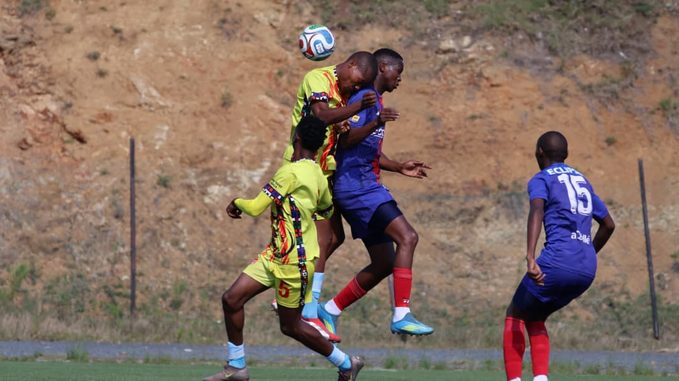 Mbabane Swallows and Red Rhinos players battling for the ball during their MTN Premier League match on Wednesday. The game was played under severe hot conditions at KaLanga Technical Centre. (Pic: Times of Eswatini)