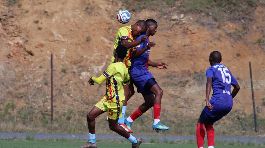 Mbabane Swallows and Red Rhinos players battling for the ball during their MTN Premier League match on Wednesday. The game was played under severe hot conditions at KaLanga Technical Centre. (Pic: Times of Eswatini)