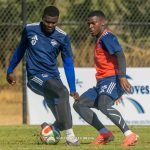 Eswatini international and DR Congo giants AS Maniema Union midfielder Junior 'Shisa Gesi' Magagula and Scottland defender Kwakhe 'Stopper' Thwala are one leg into CAF group stages. (Pics: AS Maniema Union, Scottland Media)