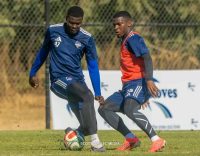 Eswatini international and DR Congo giants AS Maniema Union midfielder Junior 'Shisa Gesi' Magagula and Scottland defender Kwakhe 'Stopper' Thwala are one leg into CAF group stages. (Pics: AS Maniema Union, Scottland Media)