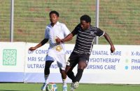 Former Kaizer Chiefs midfielder Siphelele Ntshangase wrestles for the ball against Nuno Dos Santos of Mbabane Highlanders AM. Ntshangase scored a spectacular goal against Madlenya today on October 23, 2026. (Pic:Times of Eswatini)