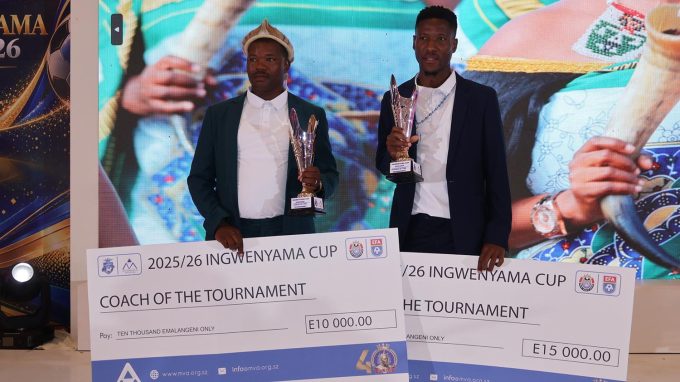 Nsingizini Hotspurs coach Mandla Qhogi and striker Senzo Ndlovu won big at the Ingwenyama Cup 2026 prize presentation gala dinner. (Pic: Nimrod Hlophe)
