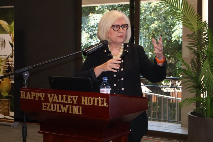Performance improvement expert Belia Nel making her remarks at the conference. She cautioned organisations against adopting artificial intelligence (AI) simply because it was fashionable, saying its introduction should be guided by business objectives and the specific performance challenges they wanted to address. (Pic: Mlondzi Nkambule)
