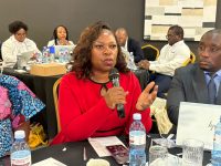 Sharon Maziya President of the Institute of People Management (IPM) Eswatini making a submission while Emmanuel Zvada, managing consultant at Third Eye Africa in Zimbabwe looks on.