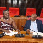 Minister for Public Works and Transport Chief Ndlaluhlaza Ndwandwe and Under Secretary Richard Phungwayo having a chat before presenting the proposed bus and taxi hike fares to senators yesterday.