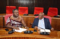 Minister for Public Works and Transport Chief Ndlaluhlaza Ndwandwe and Under Secretary Richard Phungwayo having a chat before presenting the proposed bus and taxi hike fares to senators yesterday.